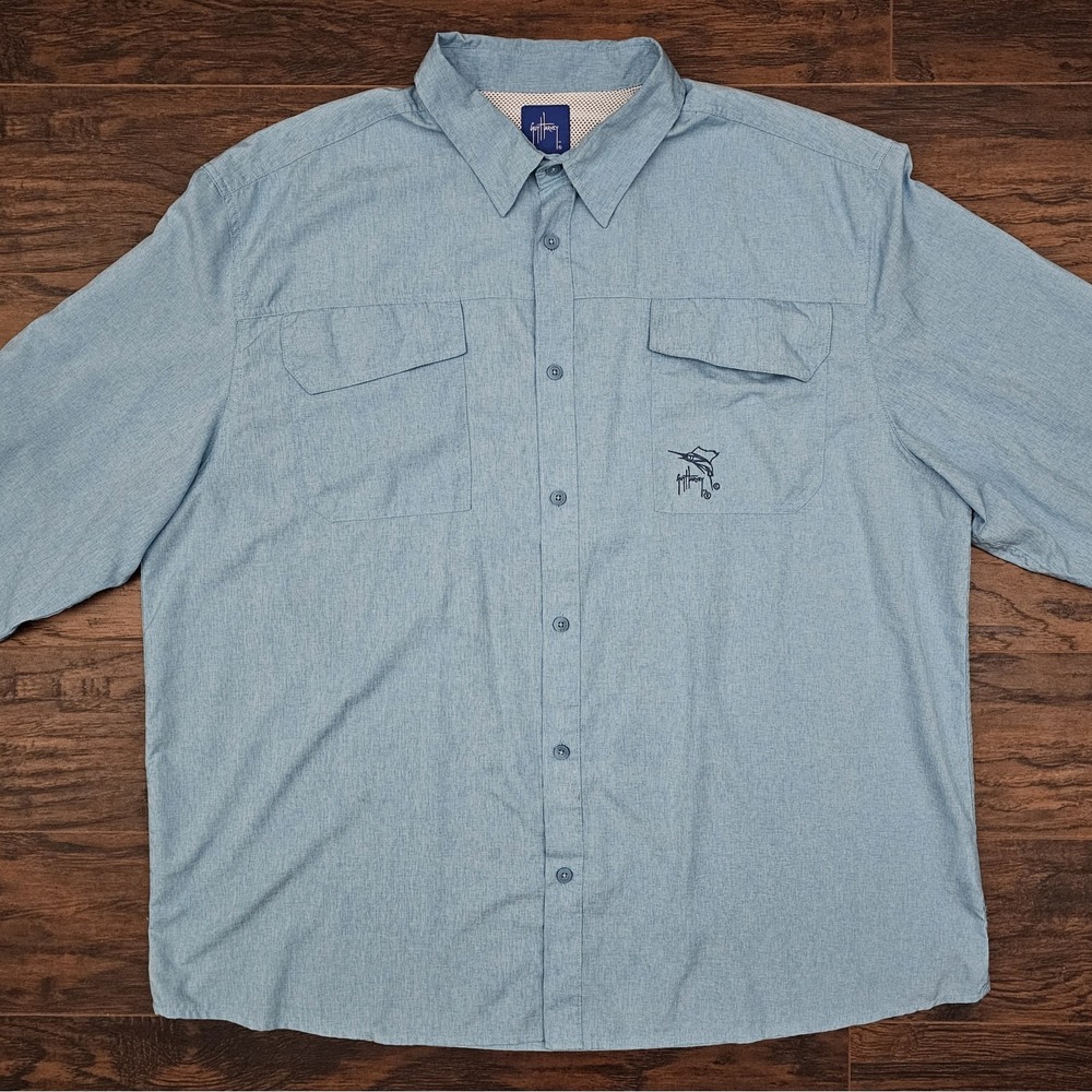 Guy Harvey Shirt Men Size XXXL Light Blue Chambray Fishing Button Down‎ Vented